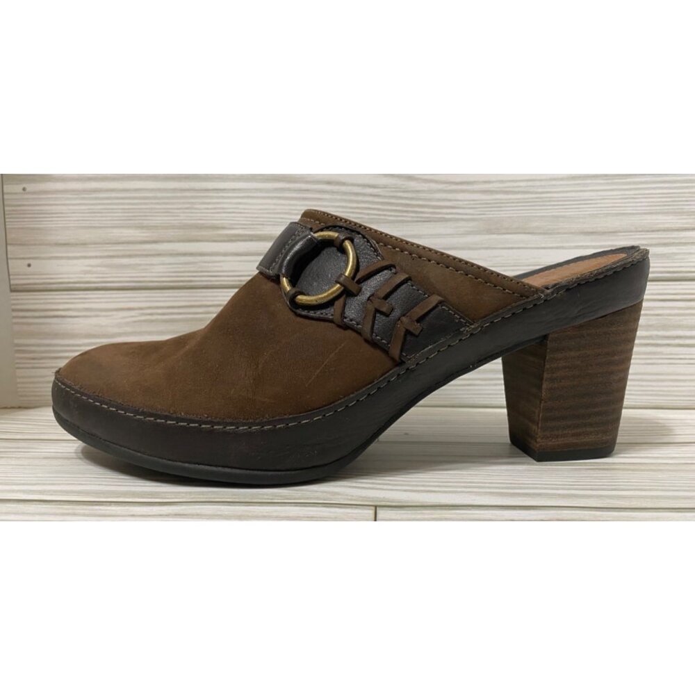 Clarks Artisan Brown Leather Heeled Mules 7.5M Platform Shoes 2" Chunky - Picture 2 of 11